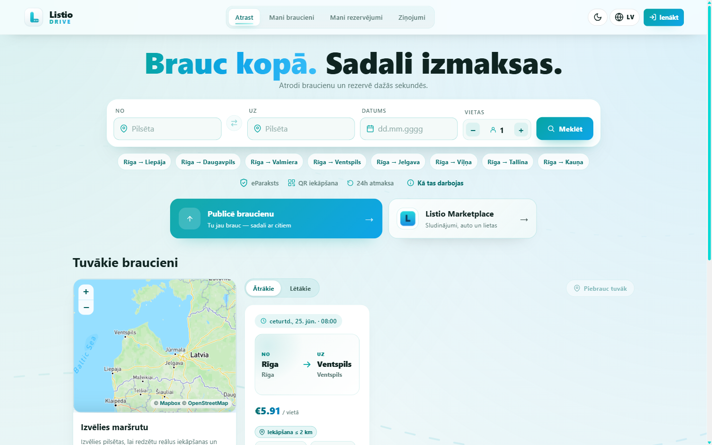 Listio Drive failu pārvaldības ekrāns ar mapēm, dokumentiem un augšupielādes darbību