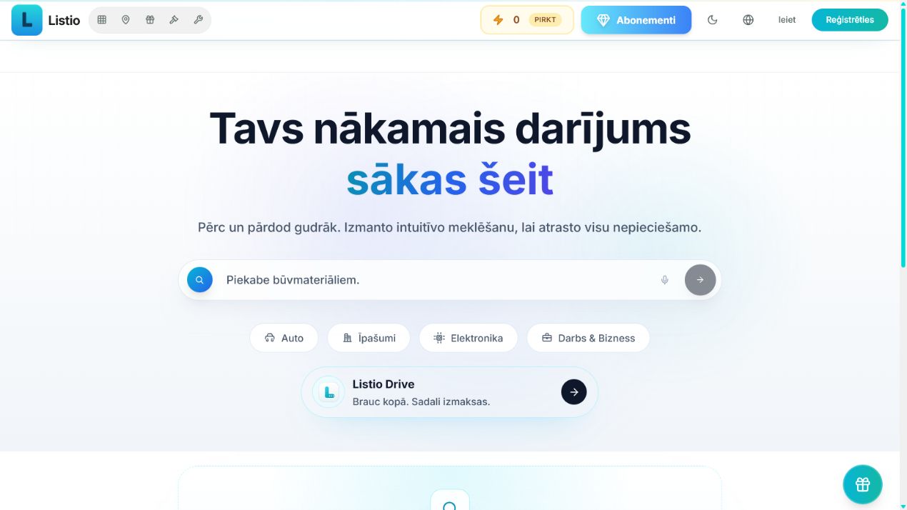 Listio sākumlapa ar produkta vēstījumu, sludinājumu meklēšanu un galvenajām kategorijām